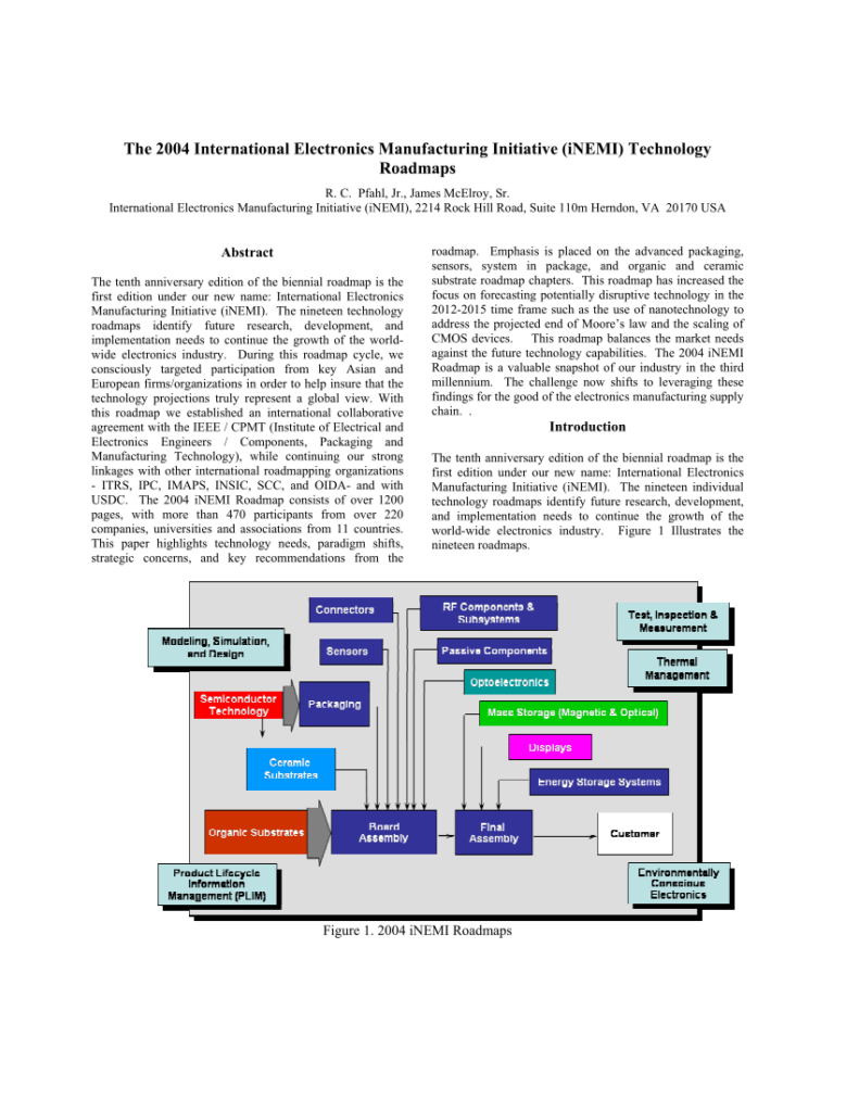 The iNEMI (Industrial Nanotechnology for Electronic Manufacturing Initiative) Technology Roadmap